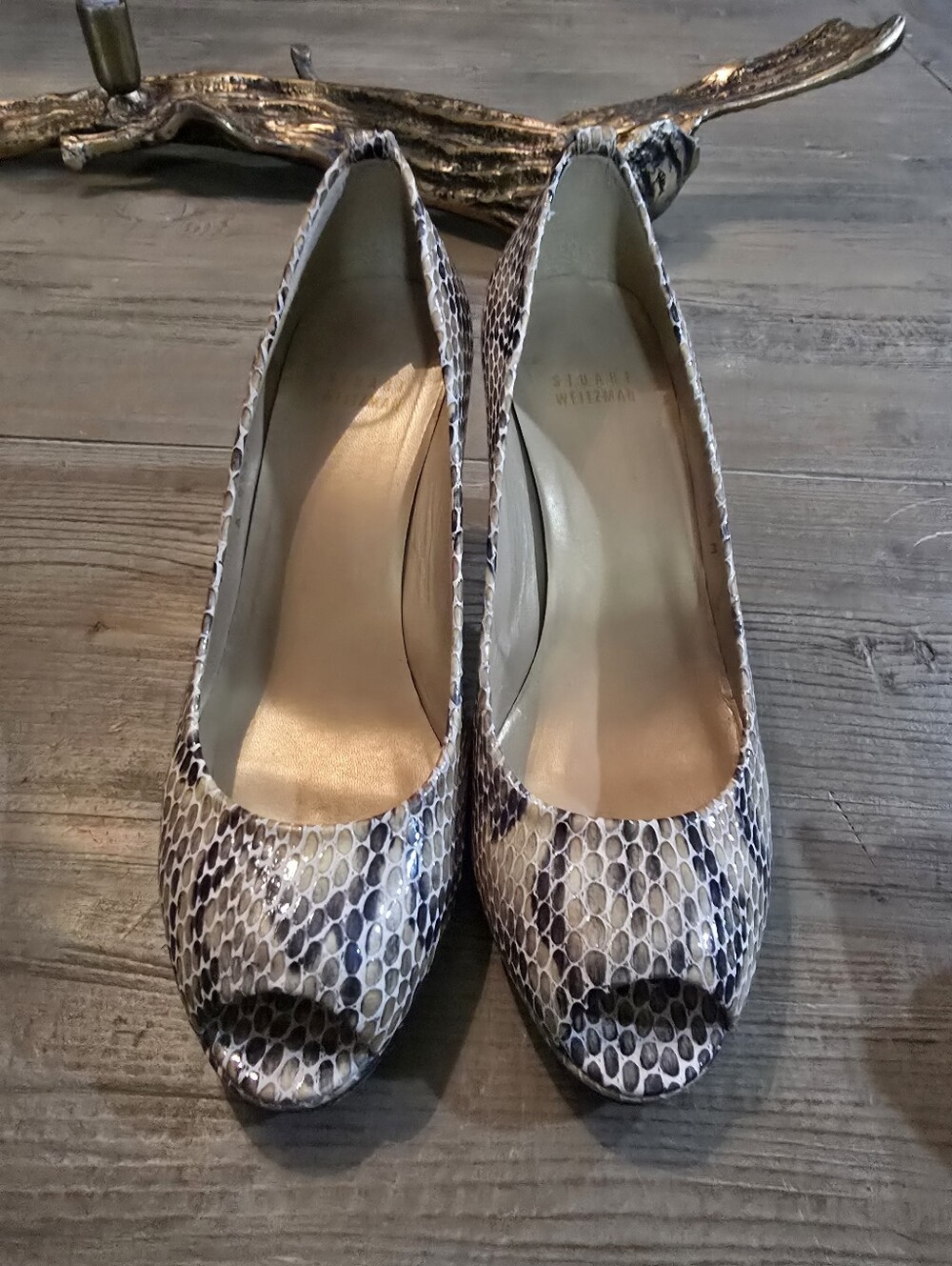 Women’s Snake-Print High Heel Pumps in Taupe and Cream